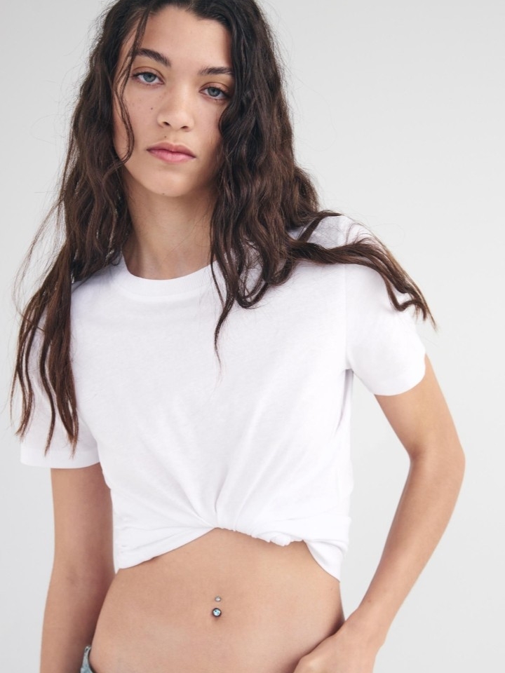 Zara White Twist-Knot Short Sleeve Crop Tee Large
